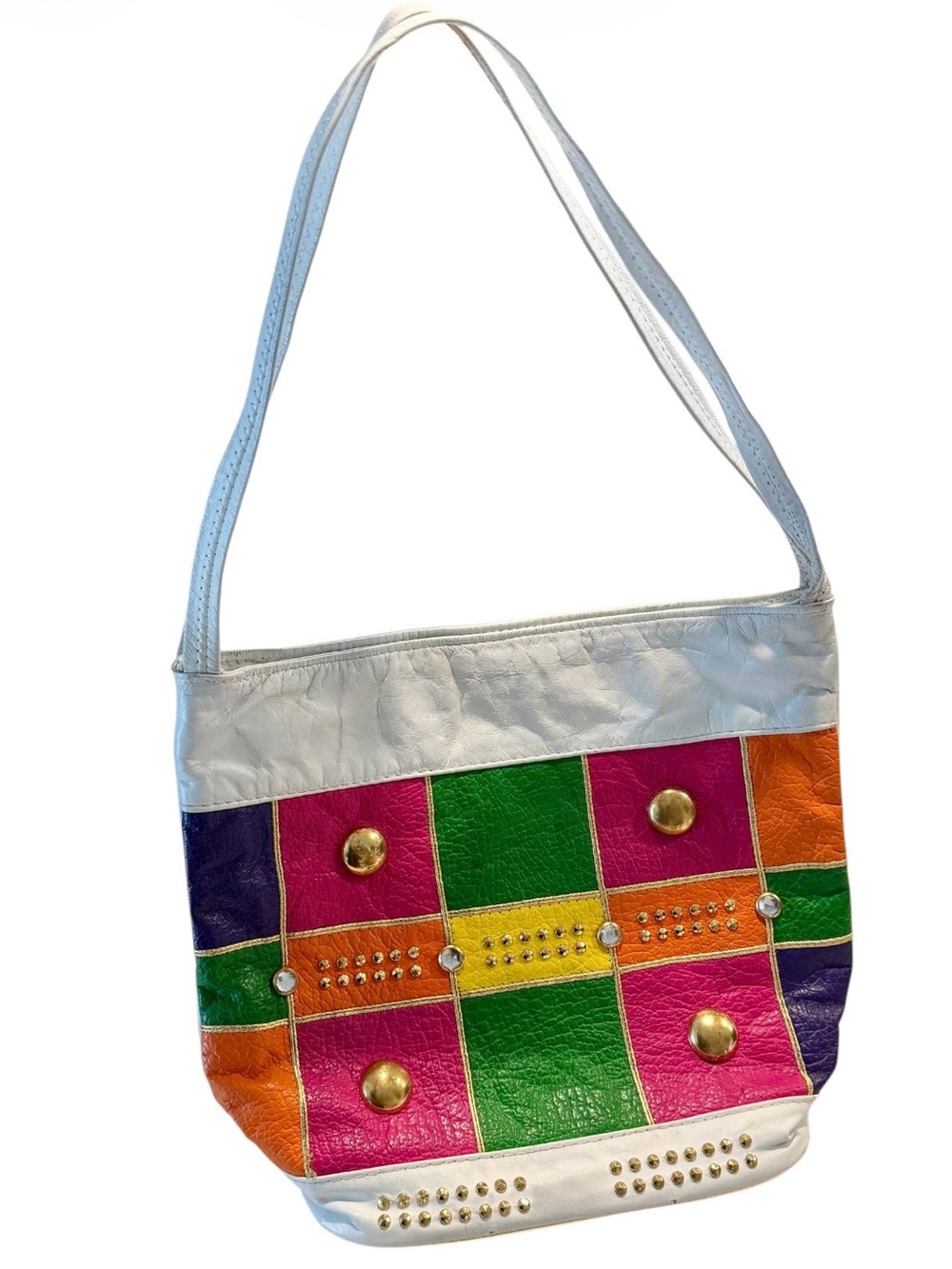 White Leather Multicolor Patchwork Shoulder Bag with Gold Stud Details - Picture 6 of 6